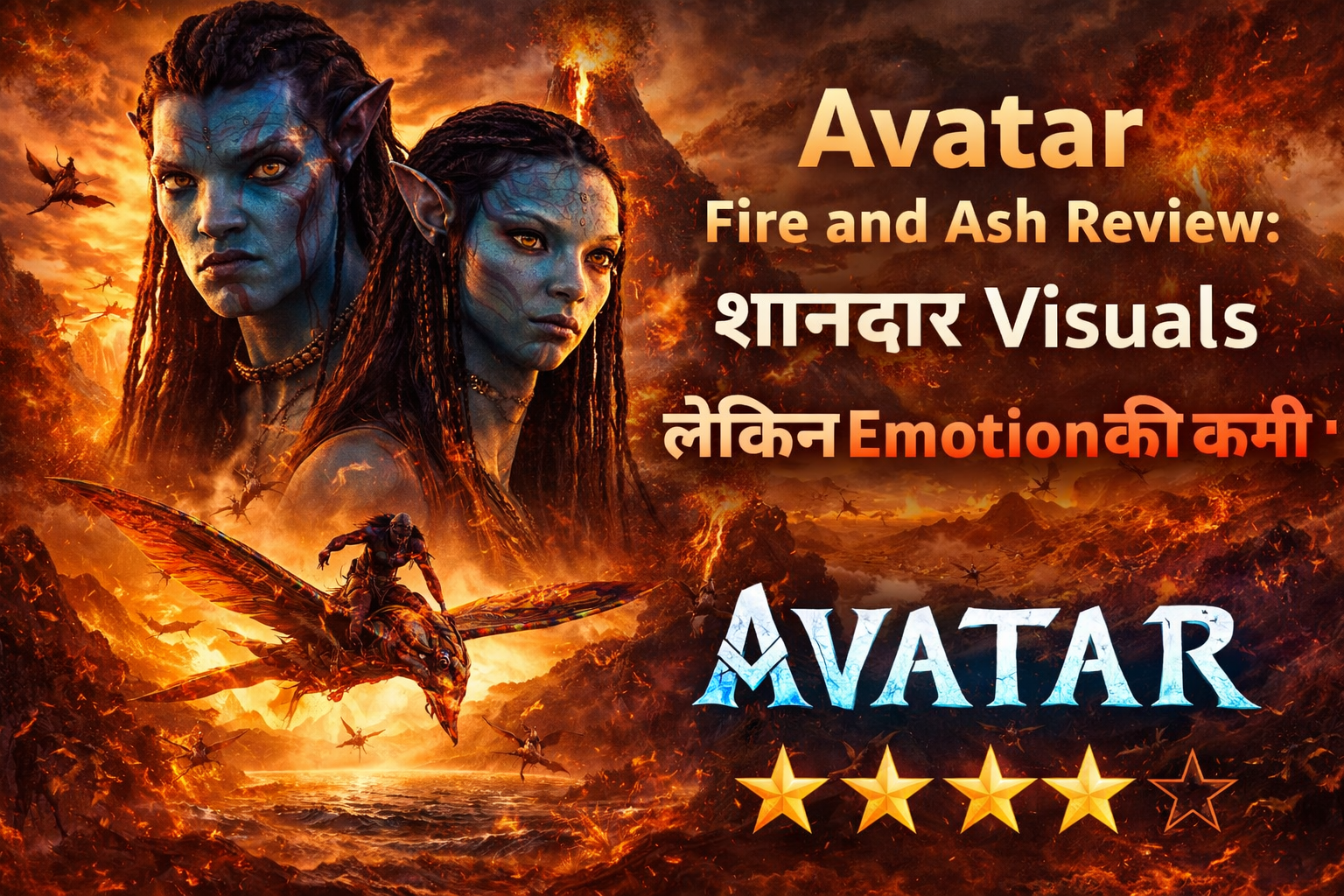 Avatar Fire and Ash रिव्यू थंबनेल जिसमें जेक सुली और नेयतिरी आग और राख से भरे पैंडोरा में दिखाई दे रहे हैं, शानदार visuals लेकिन भावनात्मक कमी के साथ