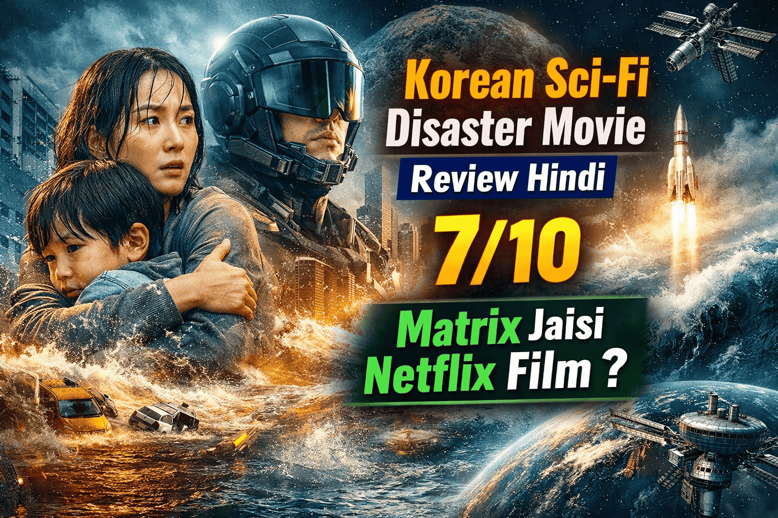 Korean sci-fi disaster movie review Hindi thumbnail showing flood survival, mother and child, AI engineer and Matrix-style sci-fi visuals