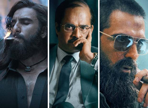 Character poster collage from Dhurandhar (2025) featuring Ranveer Singh with long hair and beard, Akshaye Khanna in a suit, and Arjun Rampal wearing sunglasses