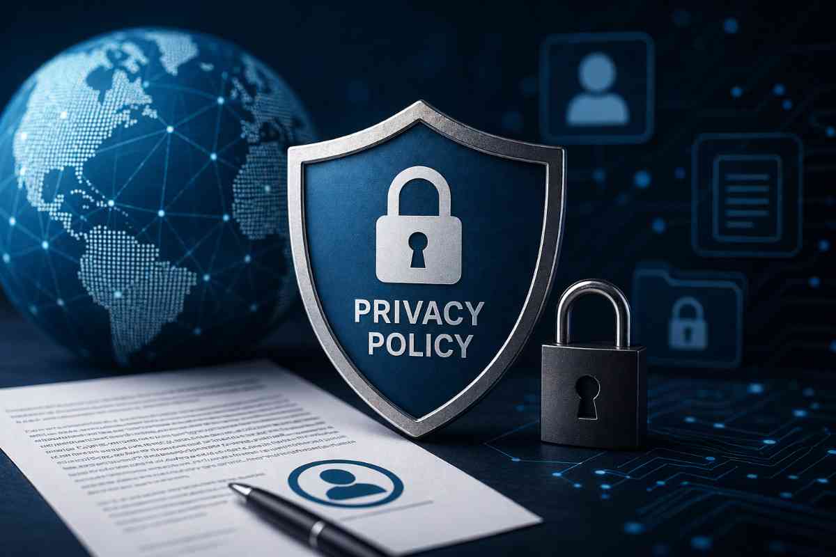 Data privacy policy concept with shield, lock, and digital security elements on a dark background