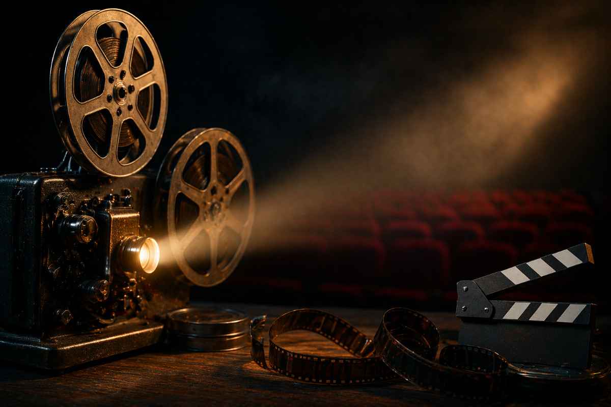 Cinematic film projector with reel and clapperboard in a dark movie theater setting