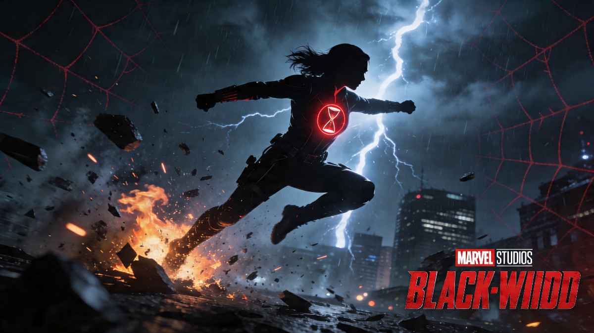 Silhouette of Black Widow superhero leaping through explosive city nightscape with red hourglass emblem and fiery effects.