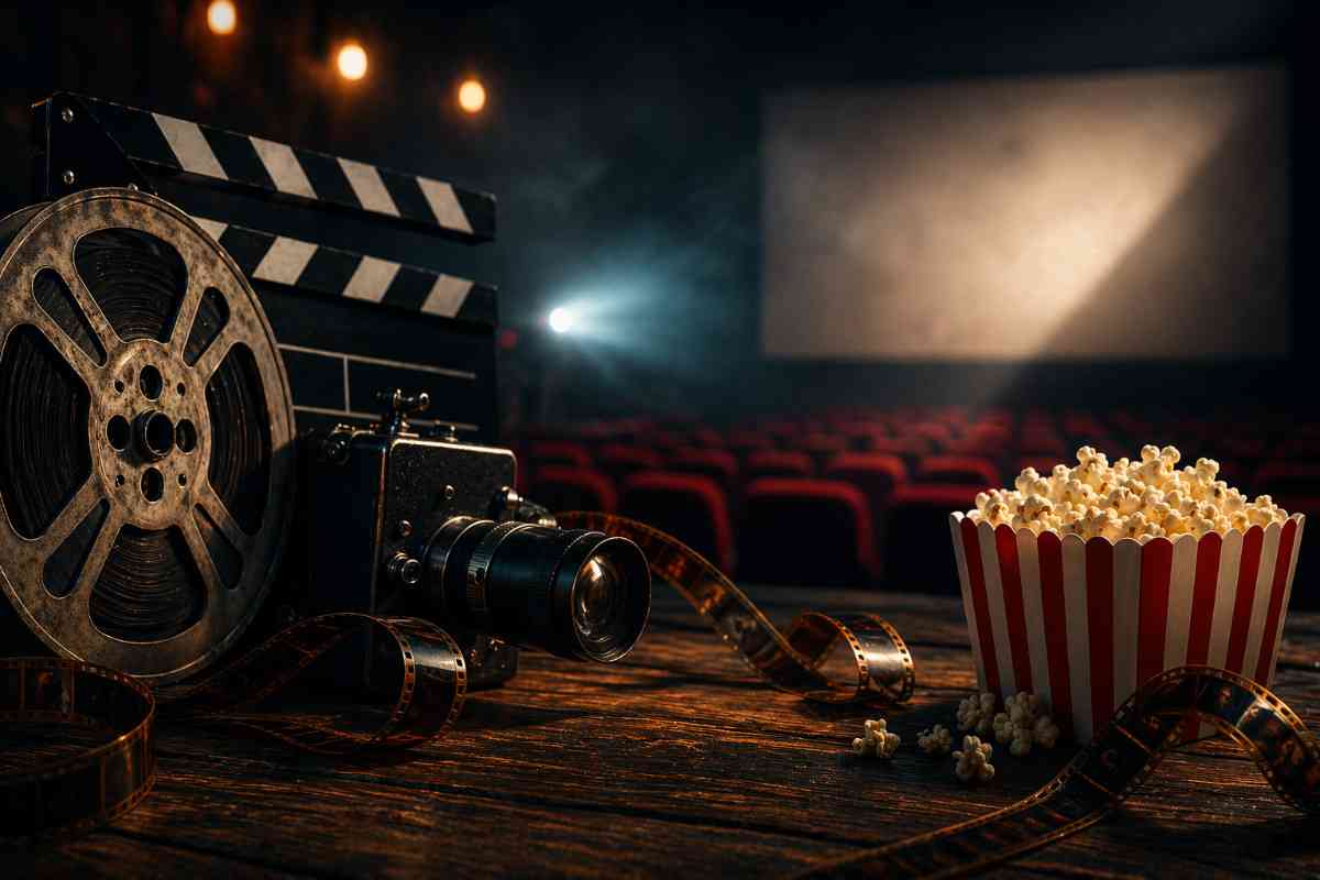 Cinematic movie scene with film reel, projector camera, and popcorn in a dark theater