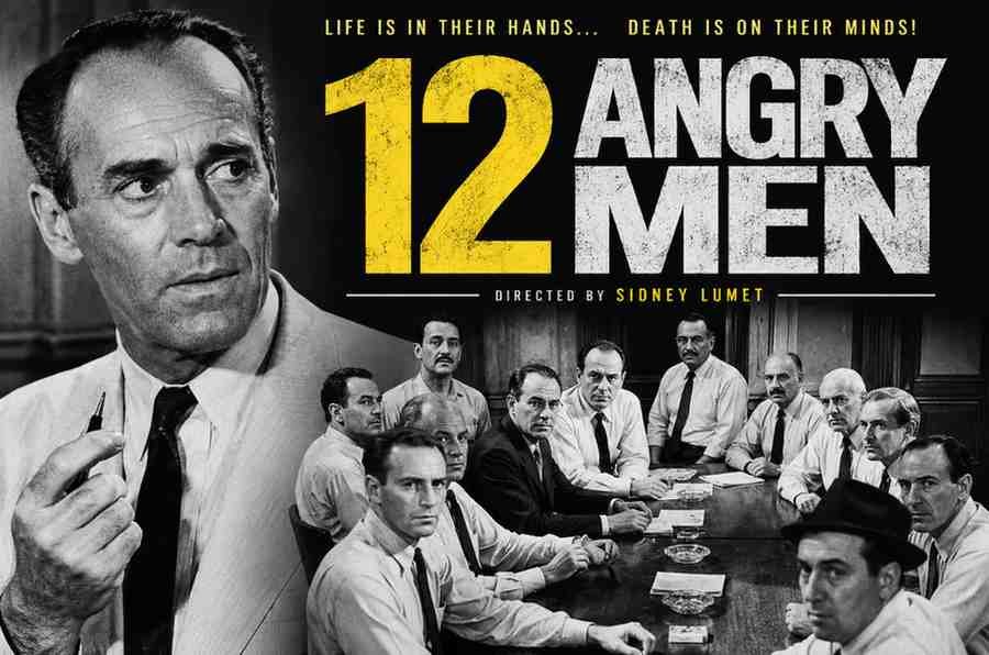 12 Angry Men movie poster featuring Henry Fonda and the twelve jurors debating a murder trial in a tense courtroom setting.
