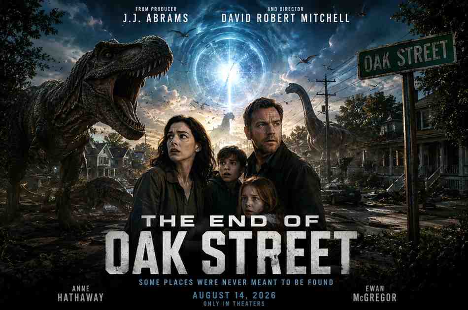 Official The End of Oak Street trailer poster featuring Anne Hathaway, Ewan McGregor, and a giant roaring T-Rex in a ruined suburban neighborhood.