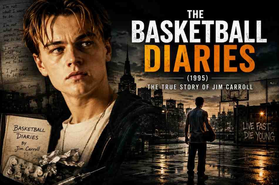 A cinematic movie poster-style featured image of The Basketball Diaries (1995), showing a young basketball player in a dark, emotional urban setting representing addiction and struggle.