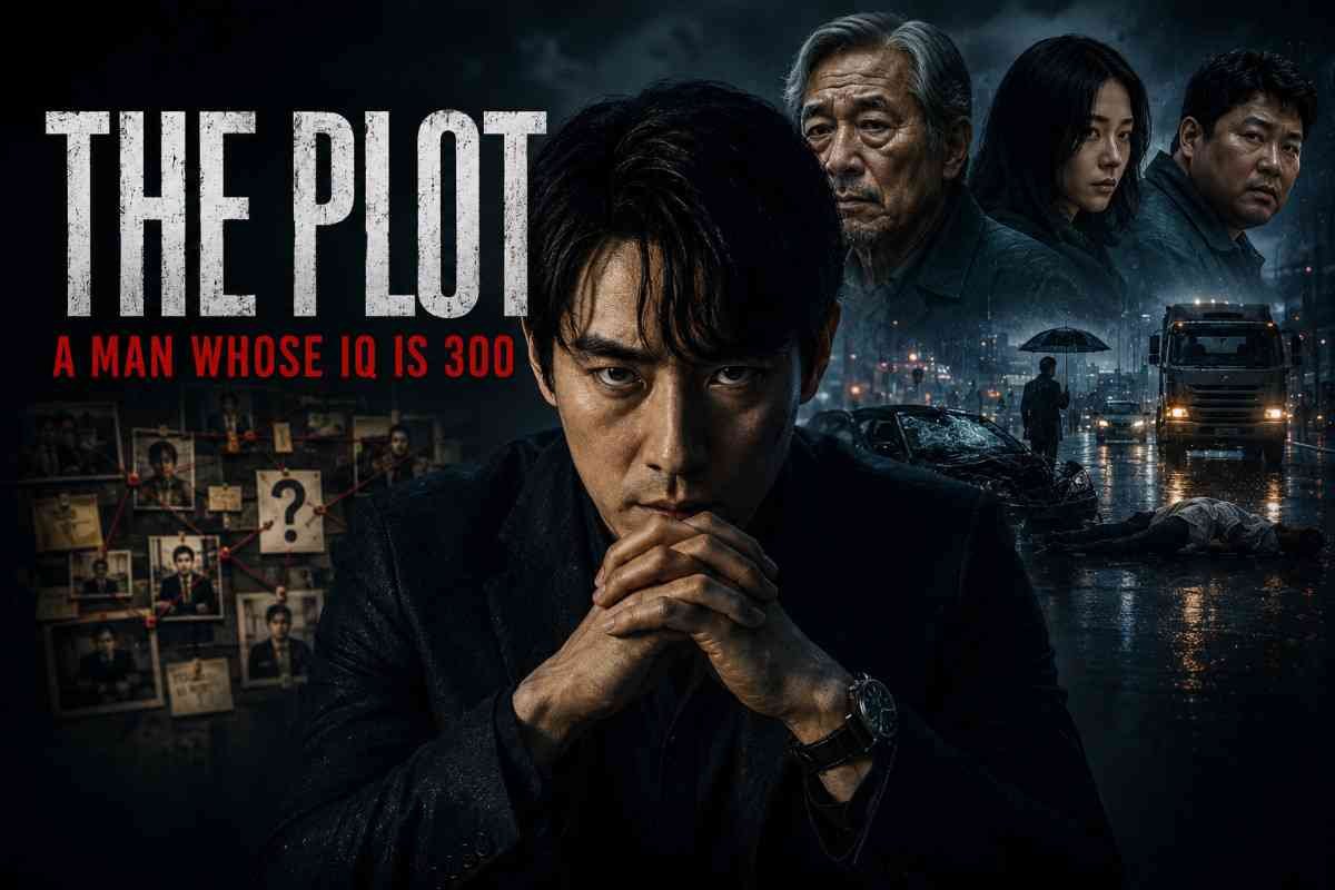 The Plot (2024) ending explained thumbnail featuring a genius mastermind investigating a conspiracy, with crime scenes, suspects, and mysterious accidents in the background.